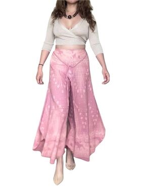 Pink Elephant Print Thai Cotton Wide Leg Pants | Boho Lounge Festival Small